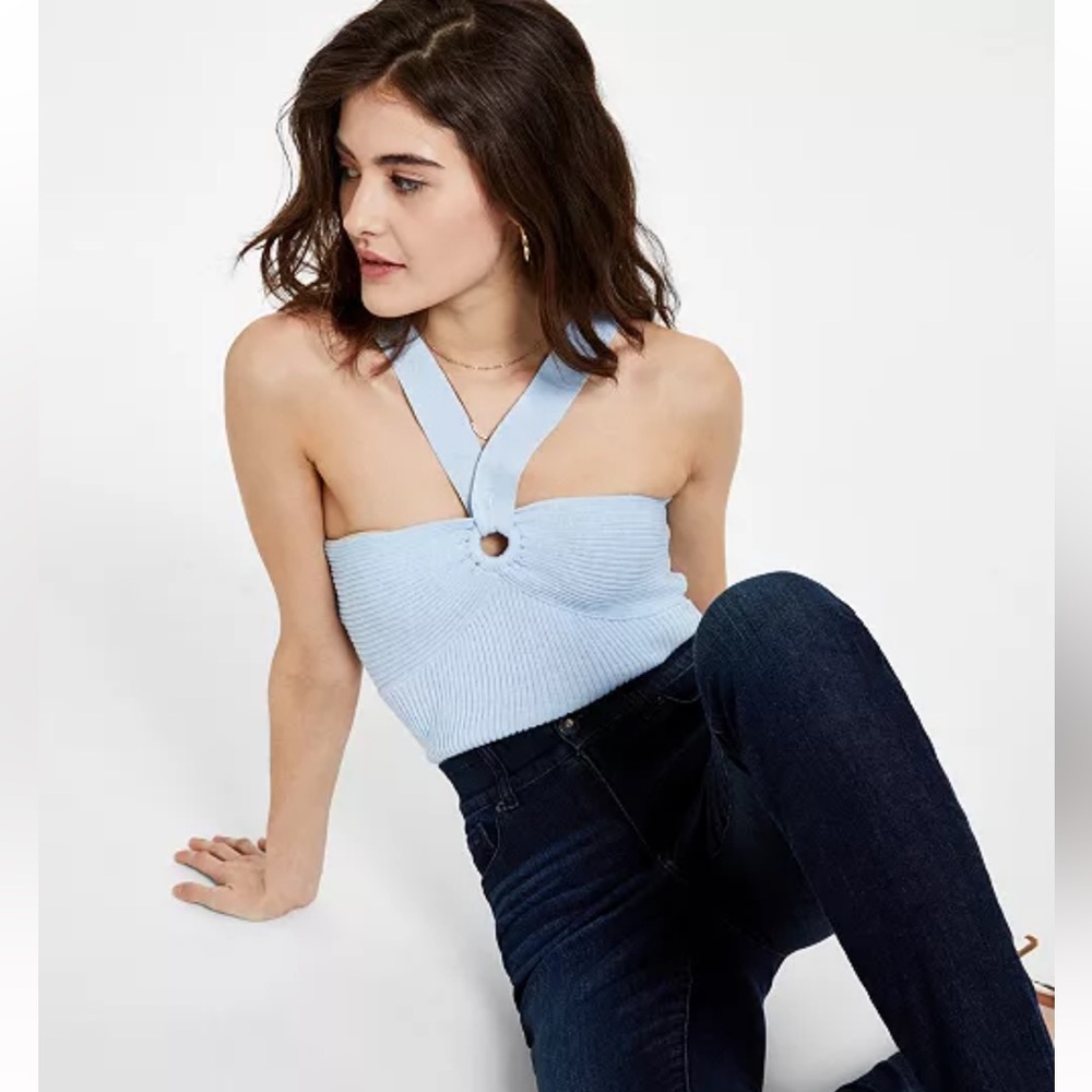 Lucy Paris O-Ring Ribbed Halter Top in Light Blue